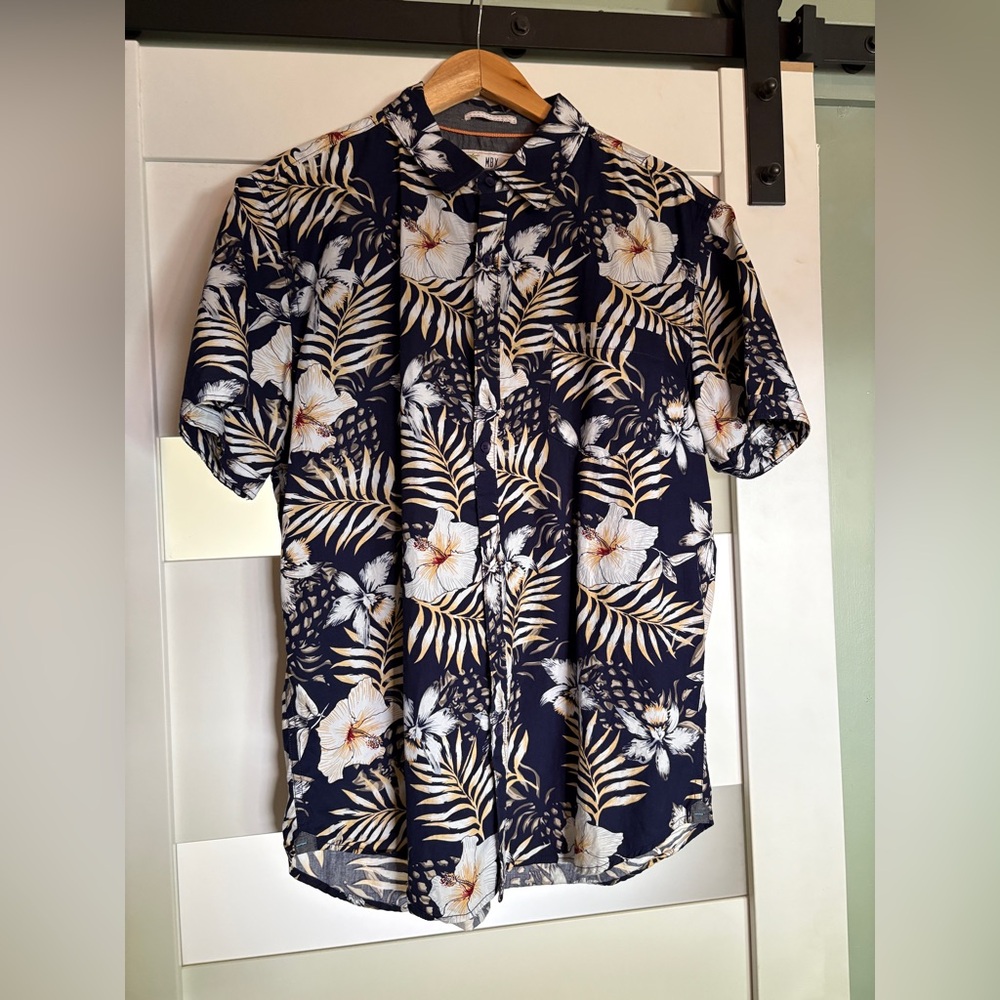 Blue and White Casual Hawaiian Button Down Shirt with Tropical Print